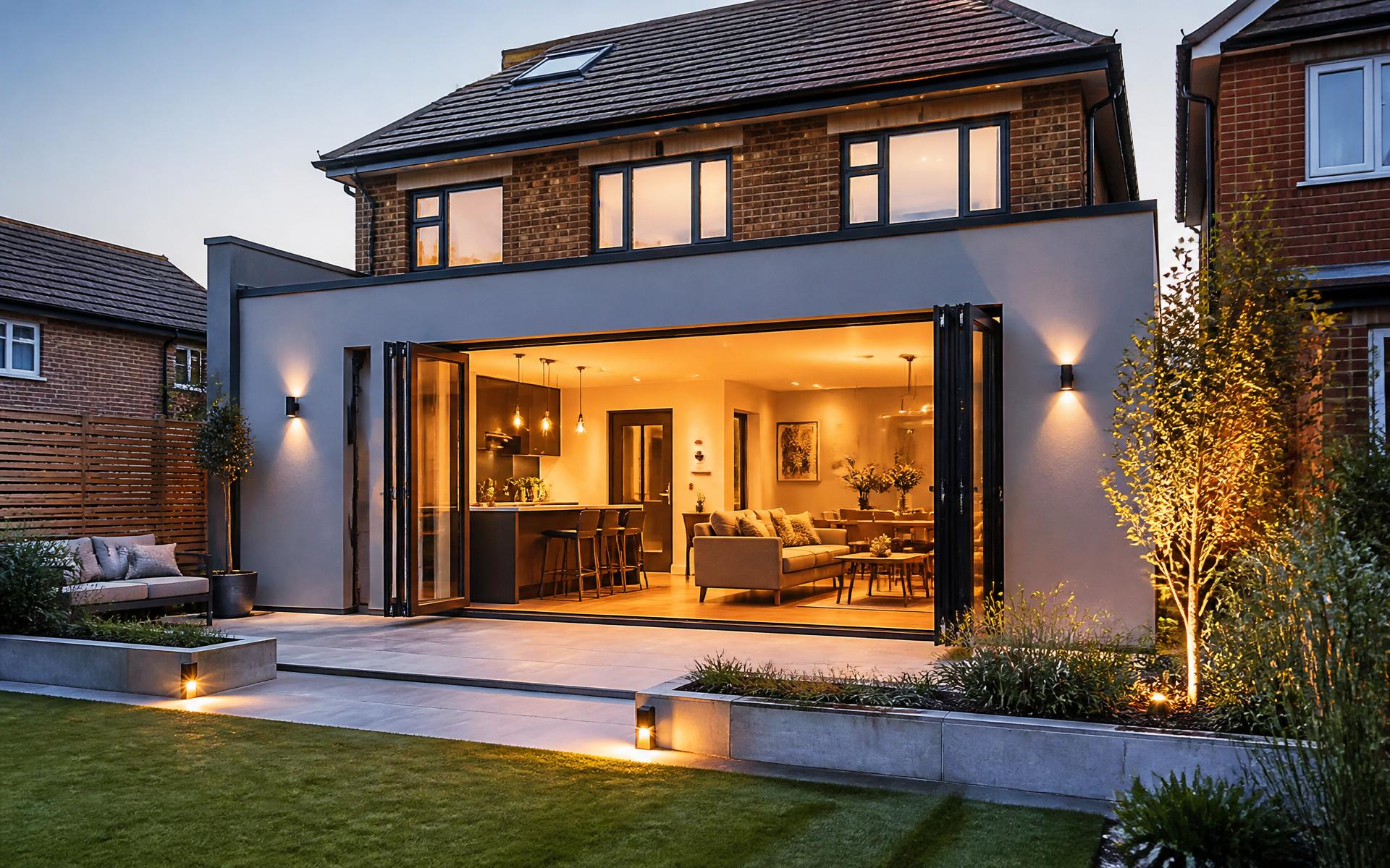 Modern rear house extension with bi-fold doors, built by Blades Building in Warrington